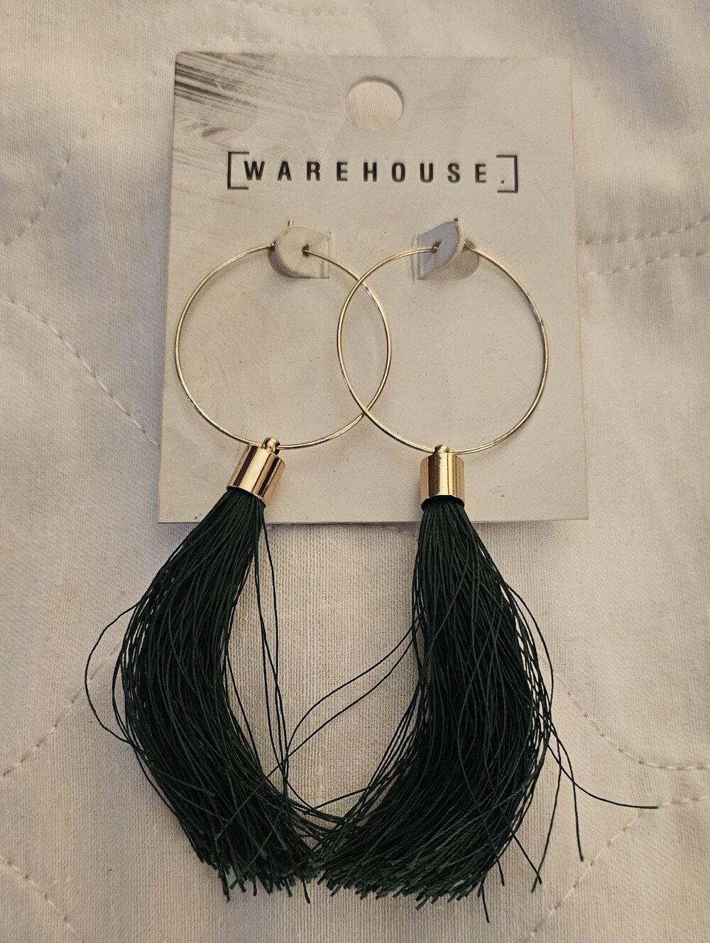 2/$8-Costume Gold Hoop Earrings With Dark Green Tassle